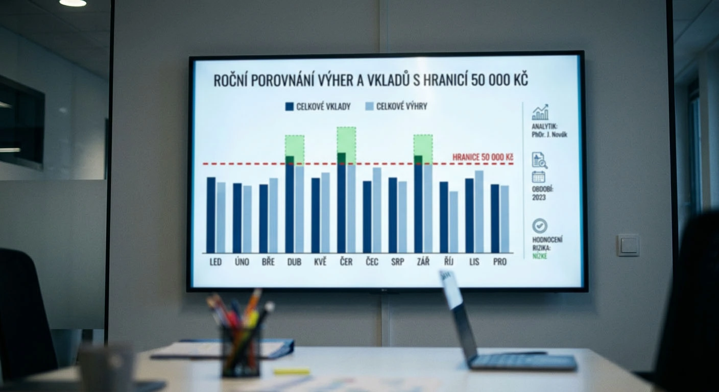 Edukativní znázornění ročního porovnání výher a vkladů s hranicí 50 000 Kč