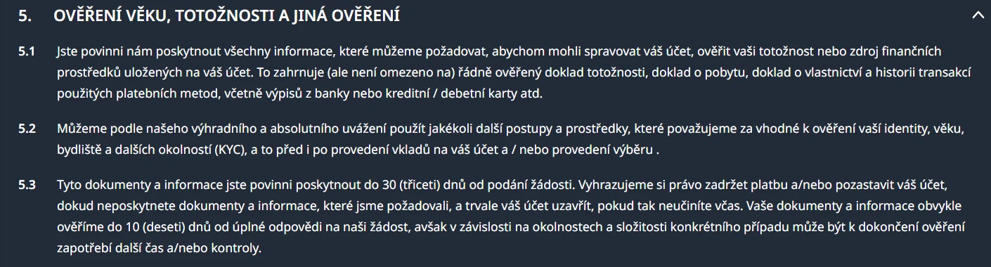 Aktuální část podmínek Buran Casino s pravidly ověření účtu