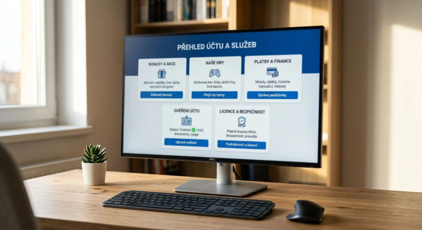Přehled oblastí bonus, hry, platby, ověření účtu a licence bez značkových prvků